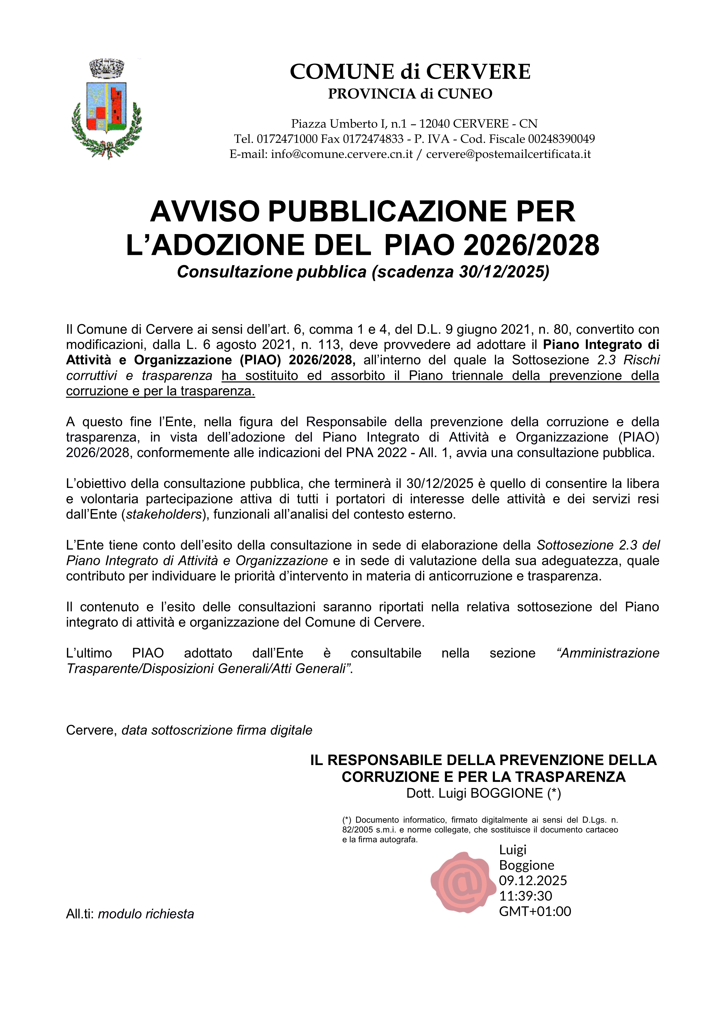 Avviso di pubblicazione per l'adozione del PIAO 2026/2028